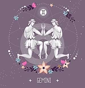 Modern magic witchcraft card with astrology Gemini zodiac sign