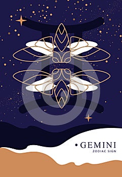 Modern magic witchcraft card with astrology Gemini zodiac sign. Butterfly or cicada illustration