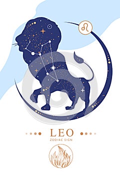 Modern magic witchcraft card with astrology Leo zodiac sign.