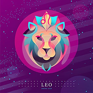 Modern magic witchcraft card with astrology Leo zodiac sign. Lion head logo design photo