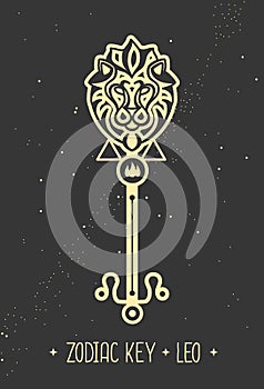 Modern magic witchcraft card with astrology Leo zodiac sign. Magic key silhouette