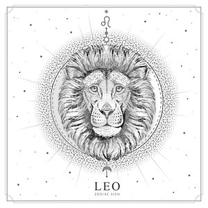 Modern magic witchcraft card with astrology Leo zodiac sign. Realistic hand drawing lion head