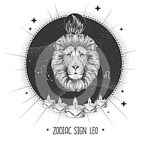 Modern magic witchcraft card with astrology Leo zodiac sign. Realistic hand drawing lion head. Zodiac characteristic