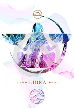 Modern magic witchcraft card with astrology Libra zodiac sign  with alcohol ink texture. Zodiac characteristic. Marble texture