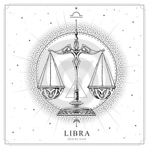 Modern magic witchcraft card with astrology Libra zodiac sign. Realistic hand drawing scales illustration