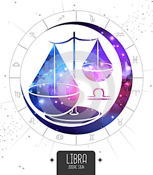 Modern magic witchcraft card with astrology Libra zodiac sign. Scales silhouette with outer space inside