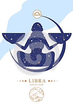 Modern magic witchcraft card with astrology Libra zodiac sign. Woman with scales silhouette.