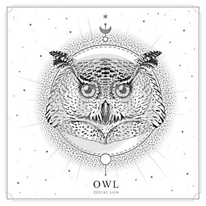 Modern magic witchcraft card with astrology Owl zodiac sign. Realistic hand drawing owl head