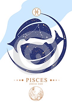 Modern magic witchcraft card with astrology Pisces zodiac sign.