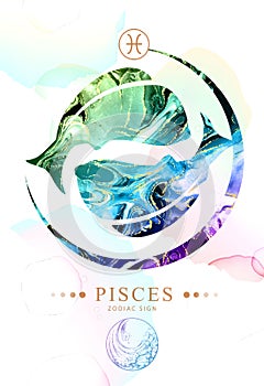 Modern magic witchcraft card with astrology Pisces zodiac sign with alcohol ink texture. Zodiac characteristic. Marble texture