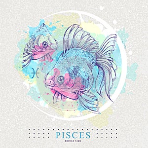 Modern magic witchcraft card with astrology Pisces zodiac sign. Healistic hand drawing Koi fish illustration