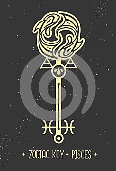 Modern magic witchcraft card with astrology Pisces zodiac sign. Magic key silhouette