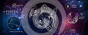 Modern magic witchcraft card with astrology Pisces zodiac sign. Realistic hand drawing koi fish illustration.