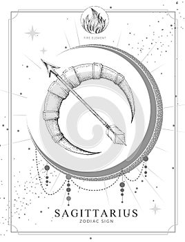 Modern magic witchcraft card with astrology Sagittarius zodiac sign. Realistic hand drawing Bow and arrow illustration