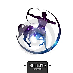 Modern magic witchcraft card with astrology Sagittarius zodiac sign. Sagittarius silhouette with  space inside