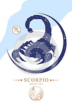 Modern magic witchcraft card with astrology Scorpio zodiac sign.