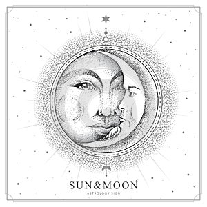 Modern magic witchcraft card with astrology sun and moon sign with human face. Day and nignt. Realistic hand drawing illustration