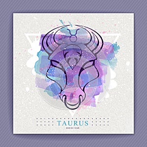 Modern magic witchcraft card with astrology Taurus zodiac sign on artistic watercolor background.  Bull head logo design