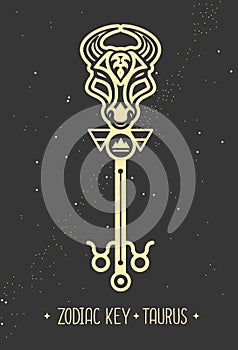 Modern magic witchcraft card with astrology Taurus zodiac sign. Magic key silhouette