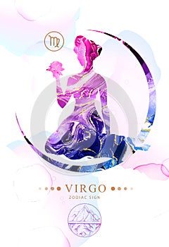 Modern magic witchcraft card with astrology Virgo zodiac sign  with alcohol ink texture. Zodiac characteristic. Marble texture