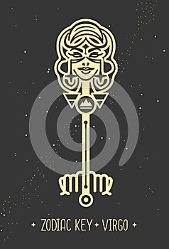 Modern magic witchcraft card with astrology Virgo zodiac sign. Magic key silhouette