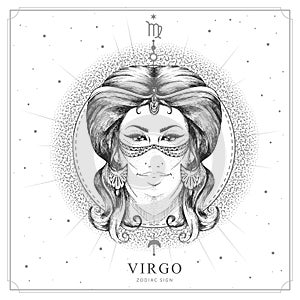 Modern magic witchcraft card with astrology Virgo zodiac sign. Realistic hand drawing woman head photo