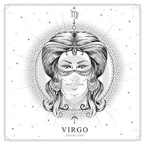 Modern magic witchcraft card with astrology Virgo zodiac sign. Realistic hand drawing woman head