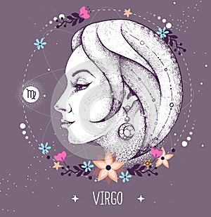 Modern magic witchcraft card with astrology Virgo zodiac sign. Realistic hand drawing woman head