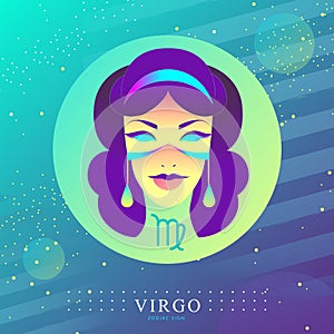 Modern magic witchcraft card with astrology Virgo zodiac sign. Woman head logo design