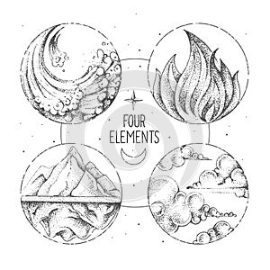 Modern magic witchcraft card with  four elements. Hand drawing occult illustration of water, earth, fire, air