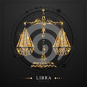 Modern magic witchcraft card with golden astrology Libra zodiac sign. Polygonal style. Golden Scales illustration on black