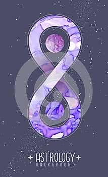 Modern magic witchcraft card with planets in outer space. Infinity symbol. Alcohol ink occult illustration