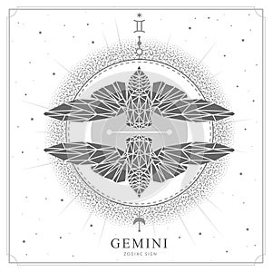 Modern magic witchcraft card with polygon astrology Gemini zodiac sign. Polygonal butterfly or cicada illustration