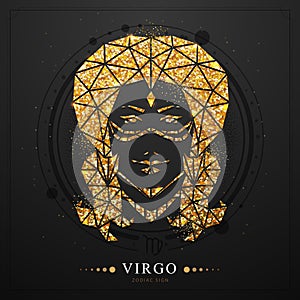 Modern magic witchcraft card with polygonal golden astrology Virgo zodiac sign. Polygonal golden woman head on  black background