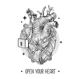 Modern magic witchcraft card with realistic human heart chained with a padlock.