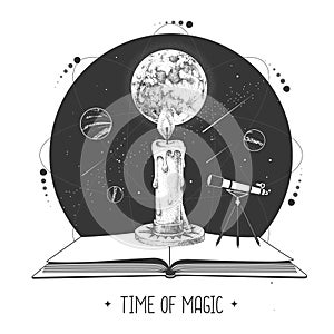 Modern magic witchcraft open book with telescope, brning candle and full moon on outer space background.