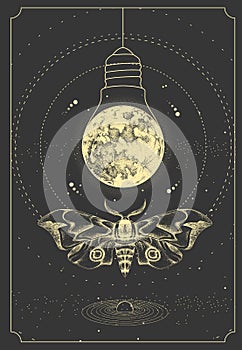 Modern magic witchcraft taros card with butterfly and full moon like light bulb on outer space background.