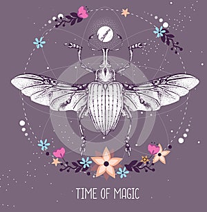Modern magic witchcraft taros card with Curculionidae beetle on astrology background. photo