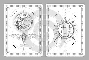 Modern magic witchcraft taros cards with butterfly and full moon. Sun and moon with human face.