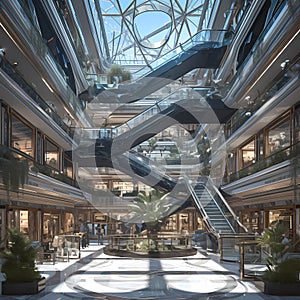 Modern Mall Atrium with Glass Staircases and Stores