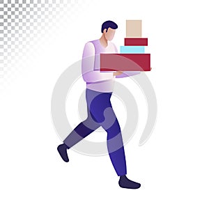 Modern man flat illustration. The man carries shopping boxes. Vector illustration on a transparent background