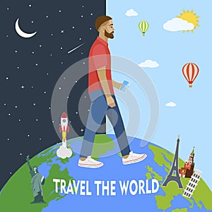 Modern man travels the world. Day, night. Vector illustration