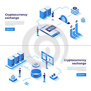Modern man woman digital blockchain crypto currency production monitoring landing page set vector