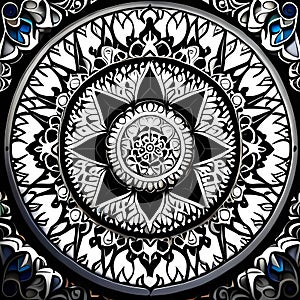 modern mandala Art of traditional style black and white color touch with dark blue photo