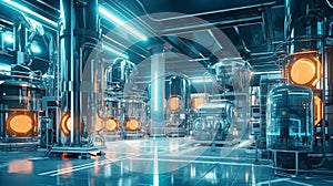 Modern manufacturing equipment in a futuristic factory background