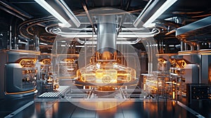 Modern manufacturing equipment in a futuristic factory background