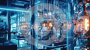 Modern manufacturing equipment in a futuristic factory background