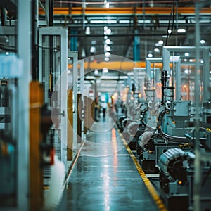 Modern manufacturing plant with well-lit automated machinery line