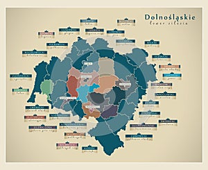 Modern Map - Dolnoslaskie lower silesia with counties and cities