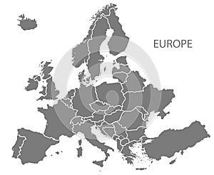 Modern Map - Europe with updated states from 2019 in grey